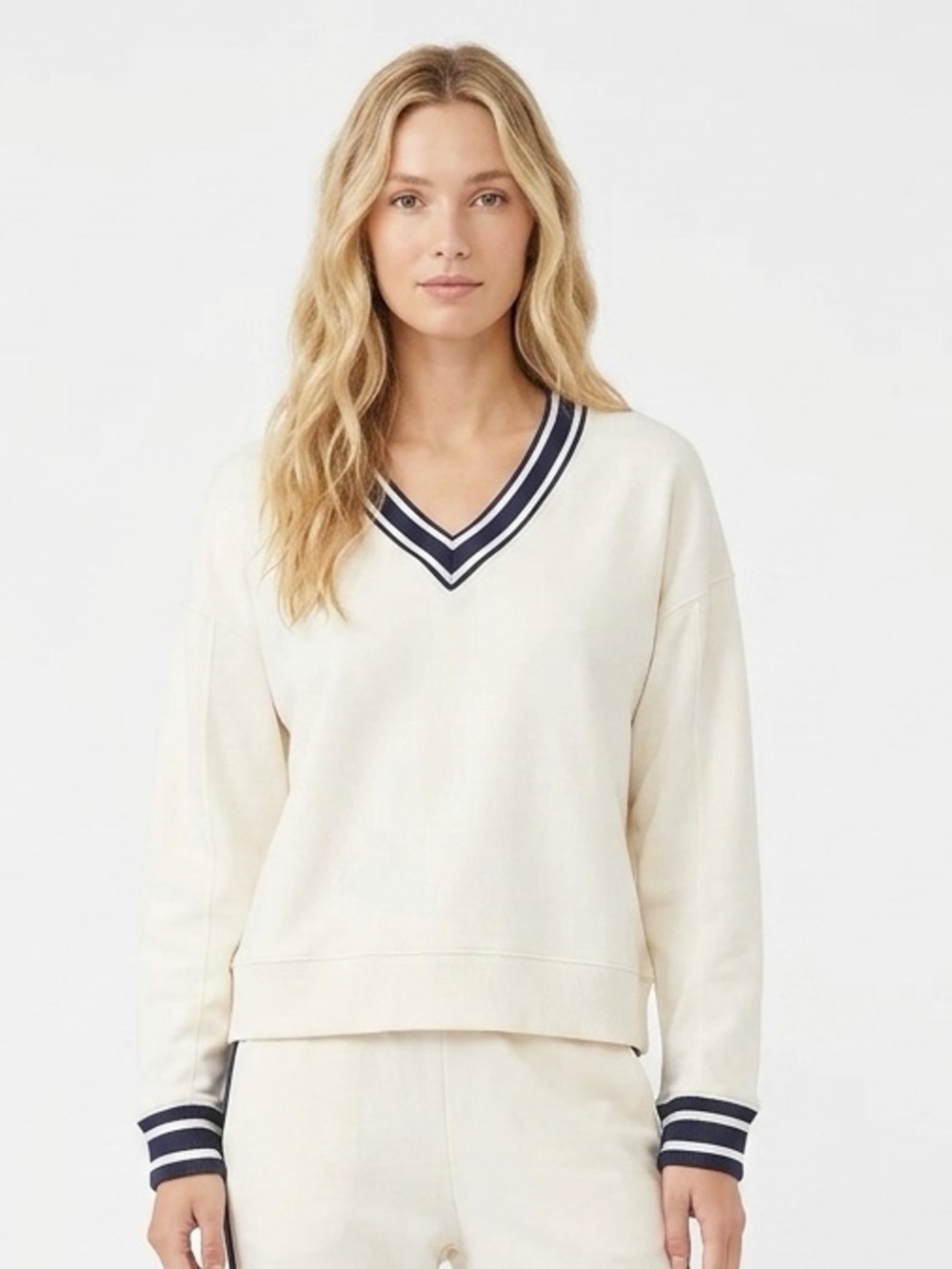 Sincerly Jules Cream V‑Neck Pullover with Navy Stripes